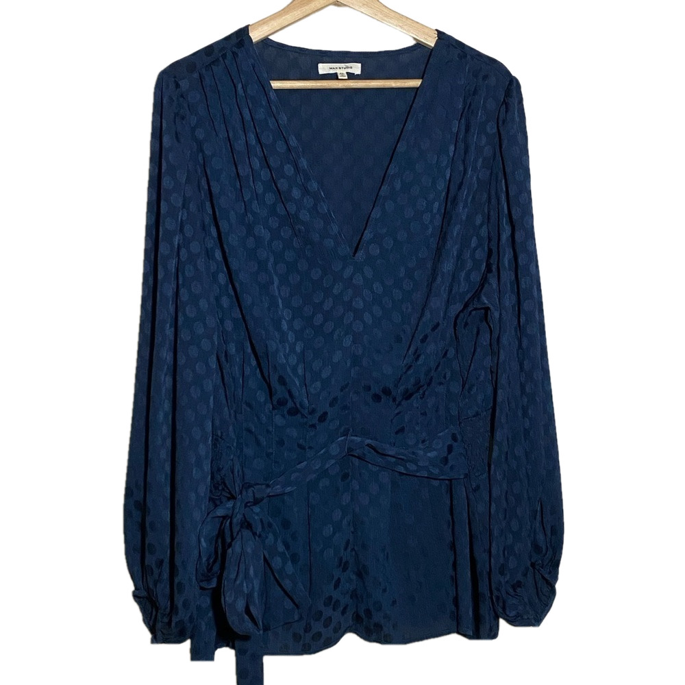 🎈Max Studio | Tops | Max Studio Navy Sheer Polka  Dot Tie Blouse Size 2X